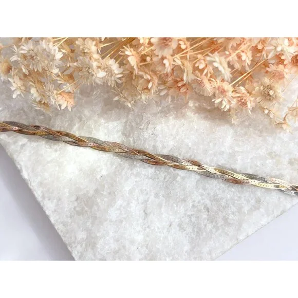 Italian HerringboneYellow Gold, Rose Gold & Silver 925 Vintage Bracelet - 7" - Picture 10 of 10